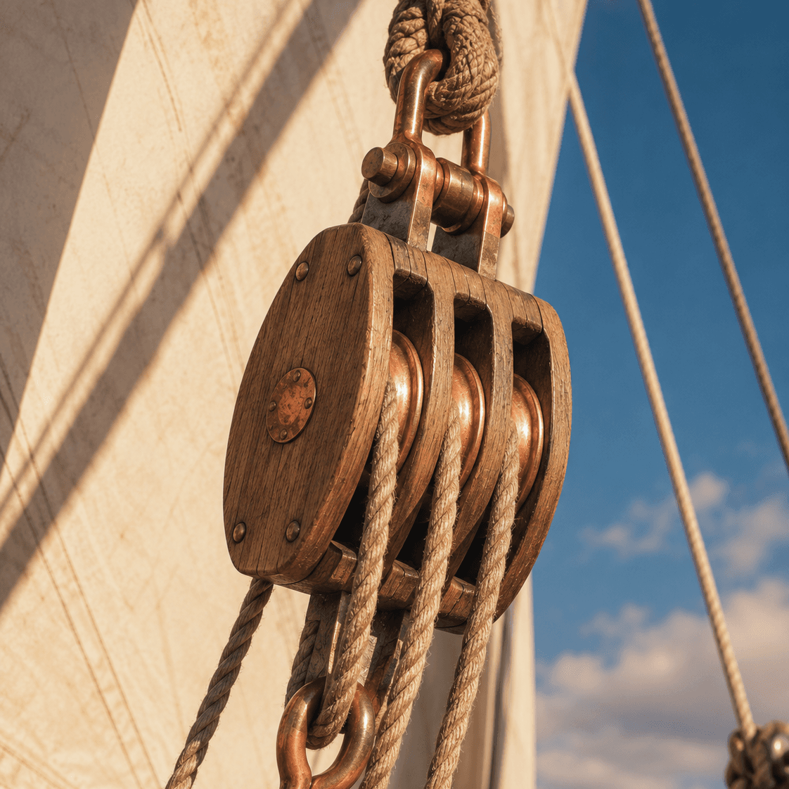 A wooden block and tackle with copper fittings, rigged against a sunlit sail and blue sky