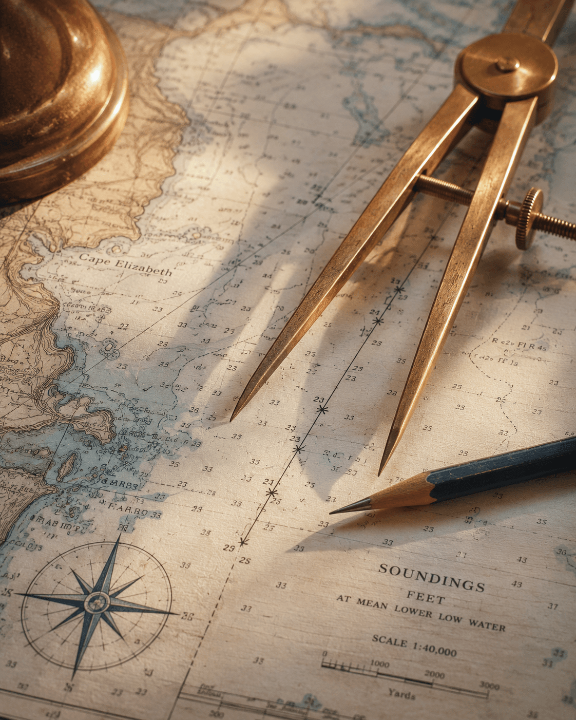 Brass dividers and a pencil resting on a nautical chart, beside a compass rose and depth soundings